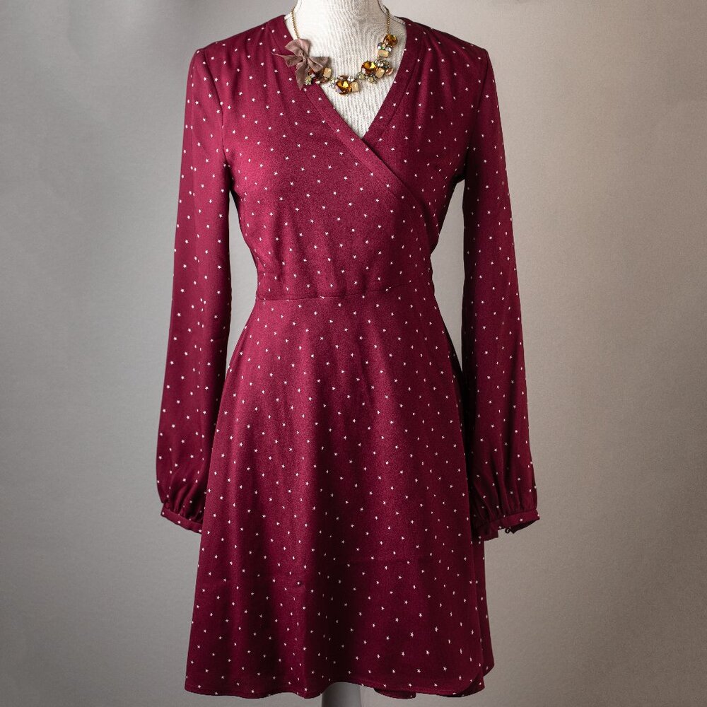 LOFT Burgundy Cream Star Print Polyester Long Sleeve Wrap Dress